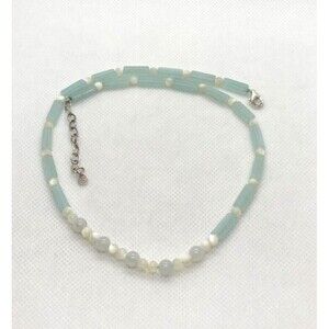 GSJ Signed‎ Light Green Jadeite & Mother Of Pearl Beaded 17''-19'' Necklace